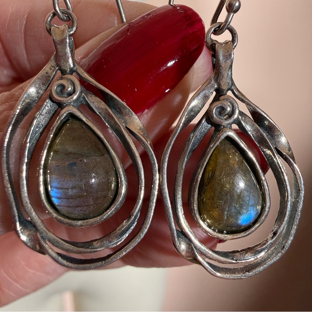 Vintage Sterling silver Israel labradorite brutalist modernist designer earrings - Picture 5 of 14
